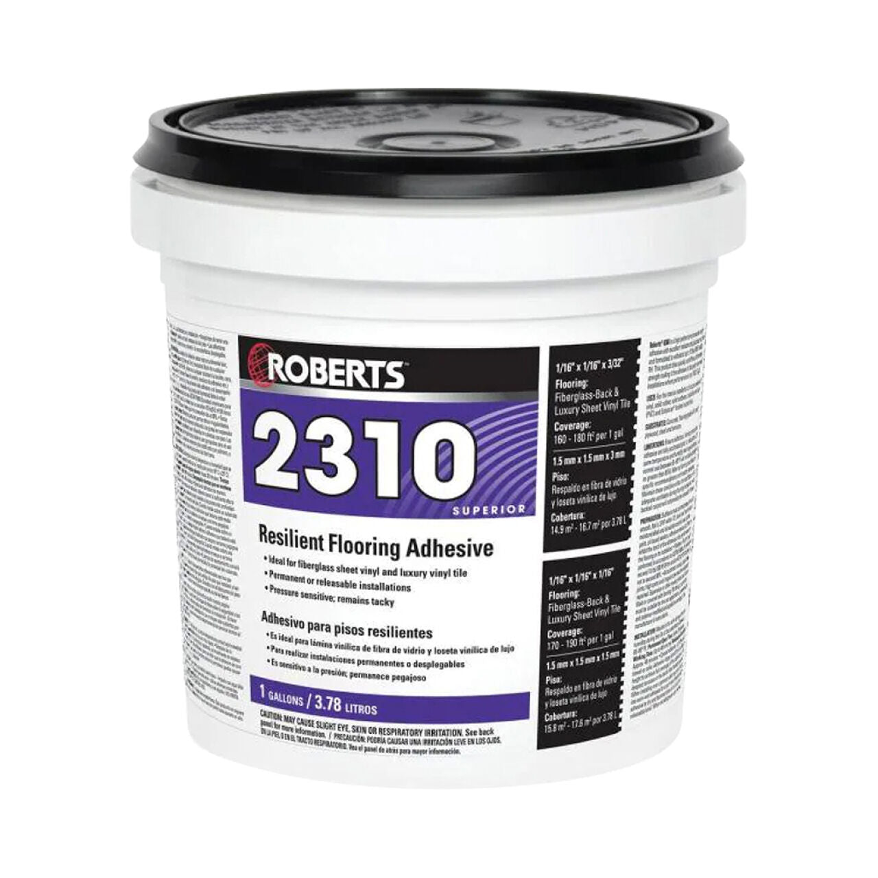 A 1-gal. bucket of Go Build 2310 Resilient Flooring Adhesive for Fiberglass Sheet Goods & Luxury Vinyl Tile features a white body, black lid, and labeled instructions. Brand: Go Build, The Fastest Way To Build. Capacity: 3.78 liters.